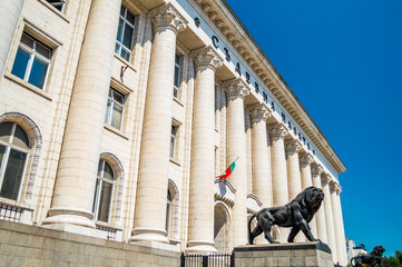 Palace of Justice (Sofia Court House) with lion monuments in Sofia, the capital of Bulgaria