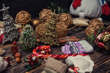 Christmas or New Year dark wooden background, Xmas brown board f