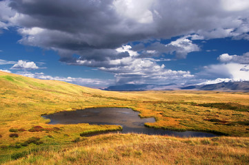 Alpine steppe meadows with high yellow and green grass on a plateau with small lake on the background of mountains with snow and ice under a blue sky and dramatic clouds Ukok, Altai Siberia, Russia