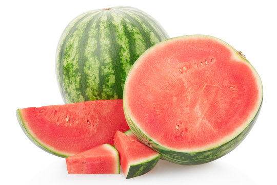 Watermelon group with section and slices on white, clipping path