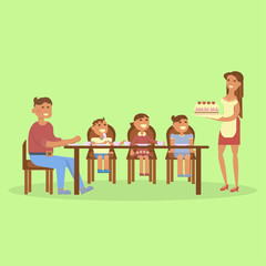 Set of big Family portrait. Tea time or dinner for Mom, dad, son, daughter and baby. Vector flat illustration.