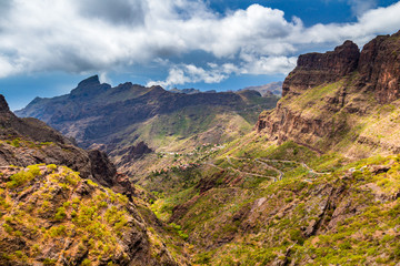 Masca valley.Canary island.Tenerife.Scenic mountain landscape.Teide volcano and sunset valley panorama in Tenerife.Scenery valley in Spain.Nature and travel adventures and breaks the world