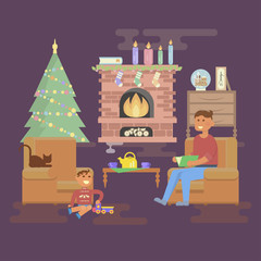 House Christmas room interior objects in flat style. xmas tree and decoration. Dad and son sitting in chair next to fireplace and read a book. Cartoon characters in flat design. Vector illustration