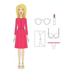  Girl in dress. casual wear. skirt. shoes. a bag. blouse. cosmet