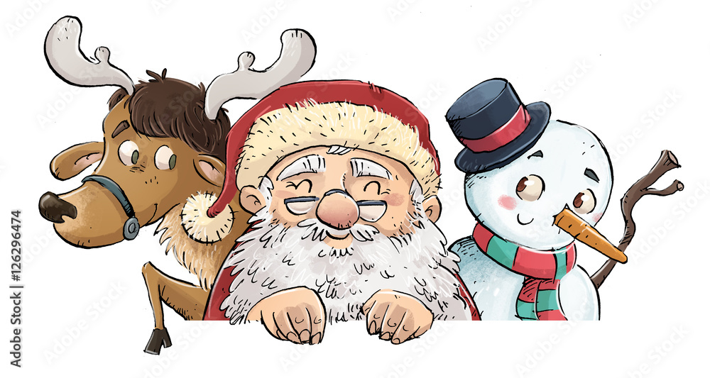 Sticker santa claus el reno y un muñeco de nieve