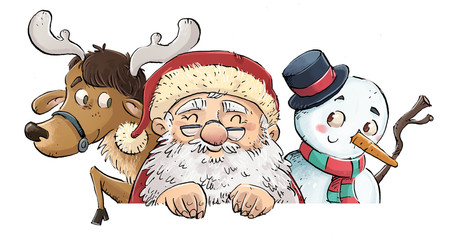 santa claus el reno y un muñeco de nieve