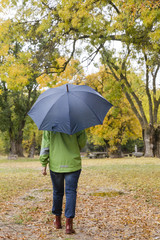 Woman walking with an umbrella in a park with yellow leaves falling from trees
