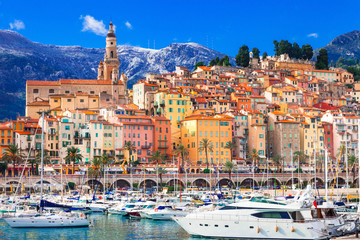   Menton, France: The Pearl of the French Riviera. colorful town - luxury holidays in the south  - obrazy, fototapety, plakaty