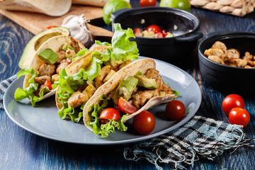 Authentic mexican tacos with chicken and salsa with avocado, tomatoes and chillies