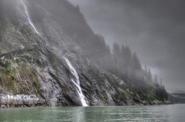 Obraz premium Waterfall and Fog, The Vestibule, Fords Terror, Alaska