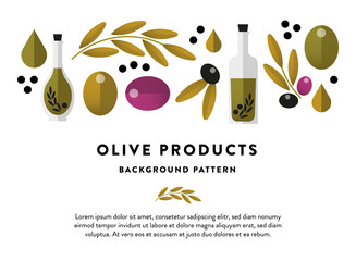 Set / collection of isolated flat vector olives and olive oil bottles with gradient. Background pattern