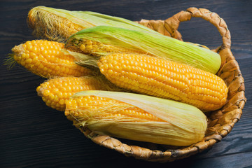 Fresh corn on the cob in wicker basket