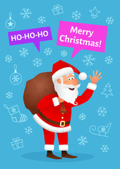 Santa Claus flat character isolated on blue Christmas hand drawn background. Standing funny old man carrying sack with gifts, waving hand and wishing Merry Christmas. Cartoon vector illustration.