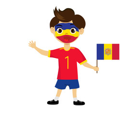 Fan of Andorra la Vella national football team, sports. Boy with flag in the colors of the state command with sports paraphernalia.