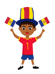 Fan of Andorra la Vella national football team, sports. Boy with flag in the colors of the state command with sports paraphernalia.