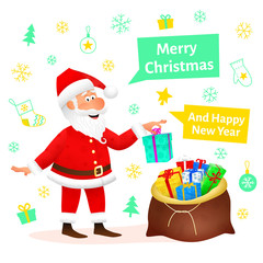 Santa Claus flat character isolated on white Christmas hand drawn background. Standing funny old man carrying sack with gifts, waving hand and telling Merry Christmas. Cartoon vector illustration.