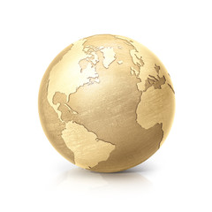 brass globe 3D illustration north and south america map on white background