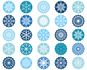 White snowflake design ornaments in blue scalloped circles