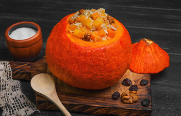 Halloween Pumpkin risotto with raisins.