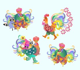 Obraz premium Festive vector set of cute roosters and raccoons, Chinese new year. Teatime.