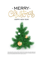 vector merry christmas poster with a christmas tree, decorated white and golden christmas ornaments