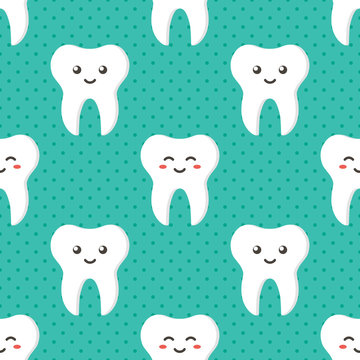 Cute seamless pattern background with emoji characters teeth and dots.