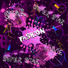 Abstract seamless pattern for girls, boys, clothes. Creative vector background with dots, pomade, shoes, star.Funny wallpaper for textile and fabric. Fashion style. Colorful bright. Purple, pink