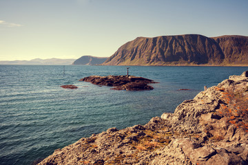 View of the fjord. Beautiful nature Norway. Arctic bay. Honningsvag city