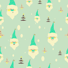 Seamless christmas background with cute Santa Clauses emotion faces cartoon, christmas trees and falling snowflakes in cartoon style pattern. vector illustration