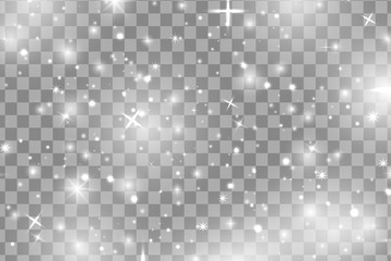 White sparks and white stars glitter special light effect. Vector sparkles on transparent background. Christmas abstract pattern. Sparkling magic dust particles