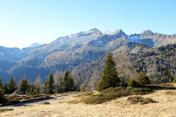 The view on Dolomiti mountains and ski slope, Madonna di Campigl