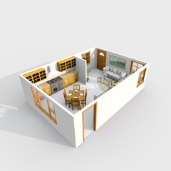 3d interior rendering of brown wooden kitchen and living room apartment