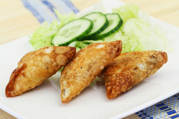 Three Indian samosas with green side salad on white plate, closeup

