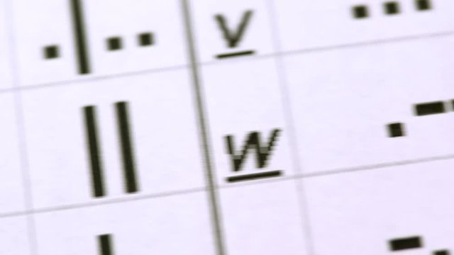 Close up footage of the morse code symbols written on a paper, the shot is moving from right to left...
