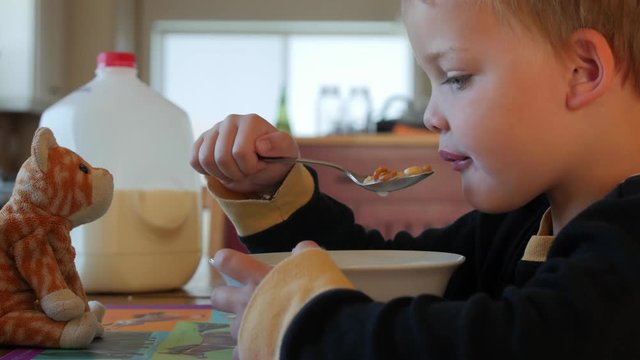 Cute boy eats cereal with stuffed animal