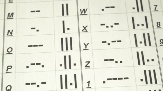 Footage of the Morse code symbols written on a paper, the shot is moving from left to right
