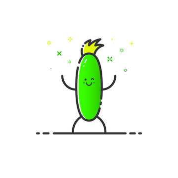 Vector illustration of funny cucumber pepper character cartoon isolated in line style. Linear yellow cute vegetable icon with face smile. Flat design for banner web page and mobile app Outline vegan