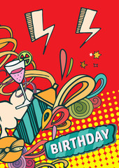 Happy birthday background abstract vector illustration. Party and celebration design cards. Illustration of balloon, gifts, fireworks, ribbon, confetti, cake, pie, drinks. omics style