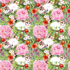 Cat sleeping in grass, flowers. Floral seamless wallpaper pattern. Watercolor