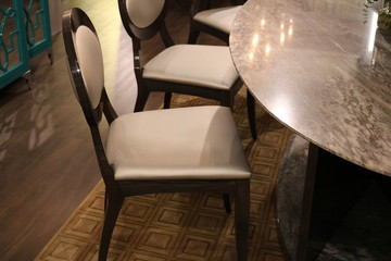 Marble table with a vase of flowers