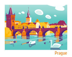 Prague Charles Bridge vector Illustration - obrazy, fototapety, plakaty