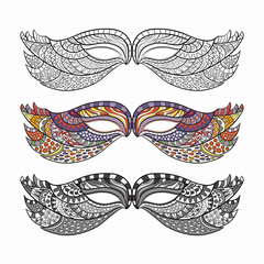 Set of carnival masks, hand-drawn and colored.