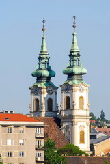 Fototapeta na wymiar Bell towers of the St. Anne's Church, Budapest, Hungary