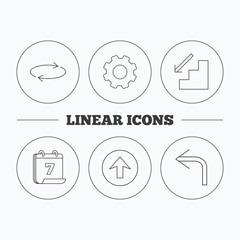 Arrows icons. Upload, repeat and shuffle linear signs. Turn left, downstairs arrow flat line icons. Flat cogwheel and calendar symbols. Linear icons in circle buttons. Vector