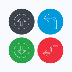 Arrows icons. Download, upload and shuffle linear signs. Turn left, back arrow flat line icons. Linear icons on colored buttons. Flat web symbols. Vector