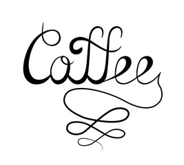 Graphic lettering Coffee isolated on white background. Calligraphic Inscription decorated with classic flourish. Template of banner, poster, t-shirt print or logotype. Coffee logo. Vector illustration