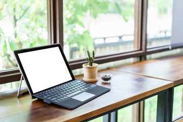 Laptop with blank screen on table,Laptop on desk,Business Work p