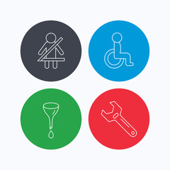 Seat belt, oil change and wrench tool icons. Disabled person linear sign. Linear icons on colored buttons. Flat web symbols. Vector