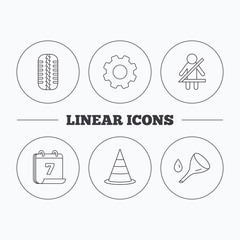 Tire tread, traffic cone and oil change icons. Fasten seat belt linear sign. Flat cogwheel and calendar symbols. Linear icons in circle buttons. Vector