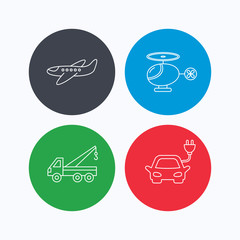 Electric car, airplane and helicopter icons. Evacuator linear sign. Linear icons on colored buttons. Flat web symbols. Vector